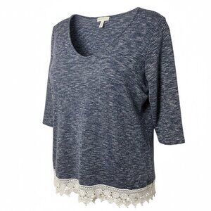 Kate & Sam Pullover Plus Size Blue 3/4 Sleeve Top With Bottom Crochet Accent 1X